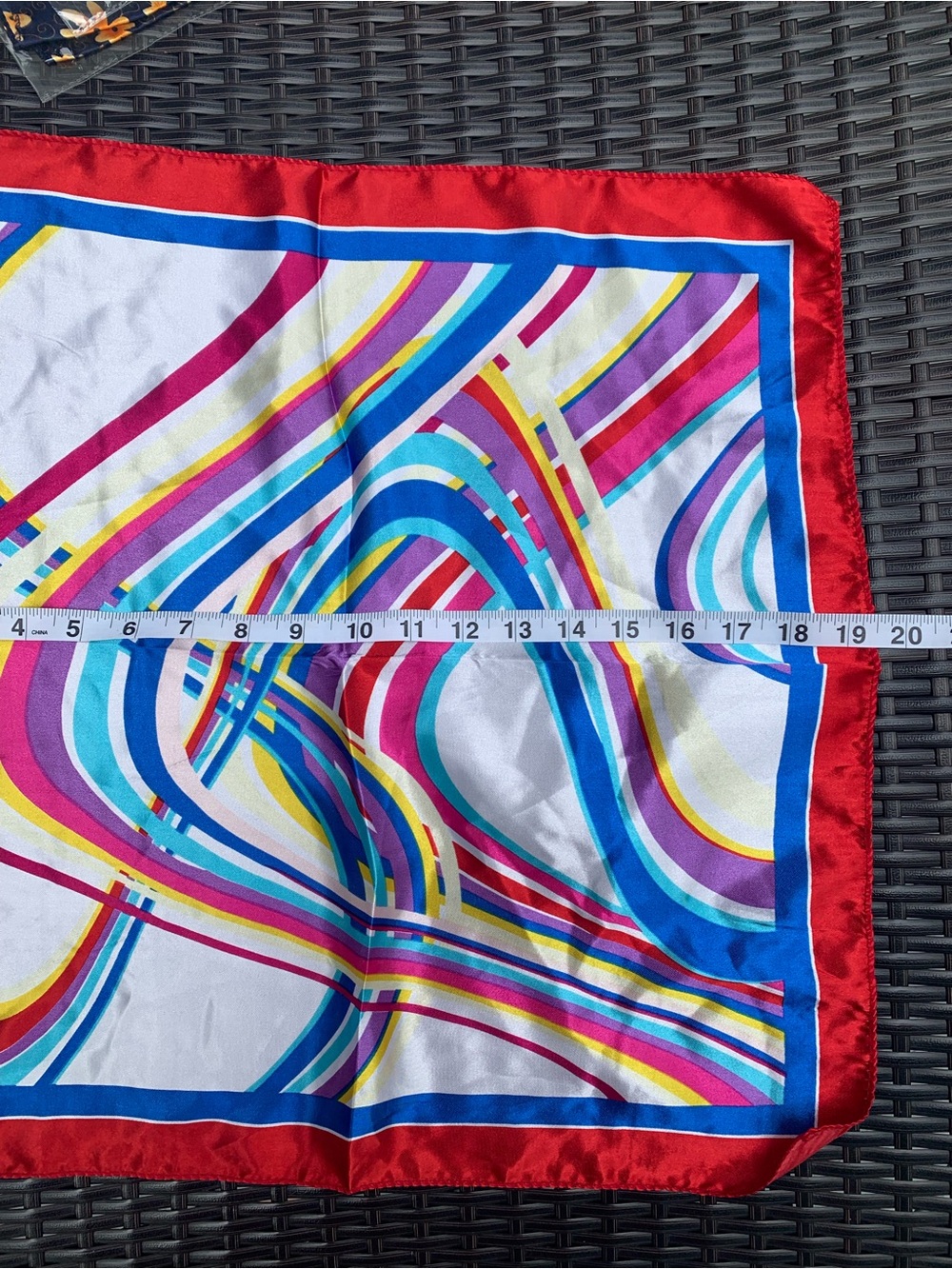 Silk Colorful Abstract Scarf with Red Border